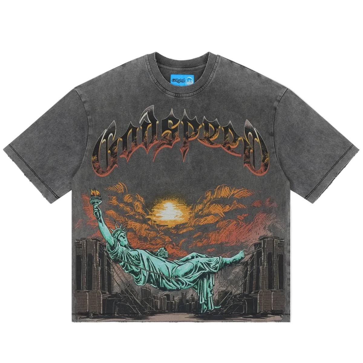 Godspeed Burnt Bridges II NG Grey graphic T-shirt made from 10oz mid-weight washed fabric with Burnt Bridges artwork and stone embellishments around the crown.