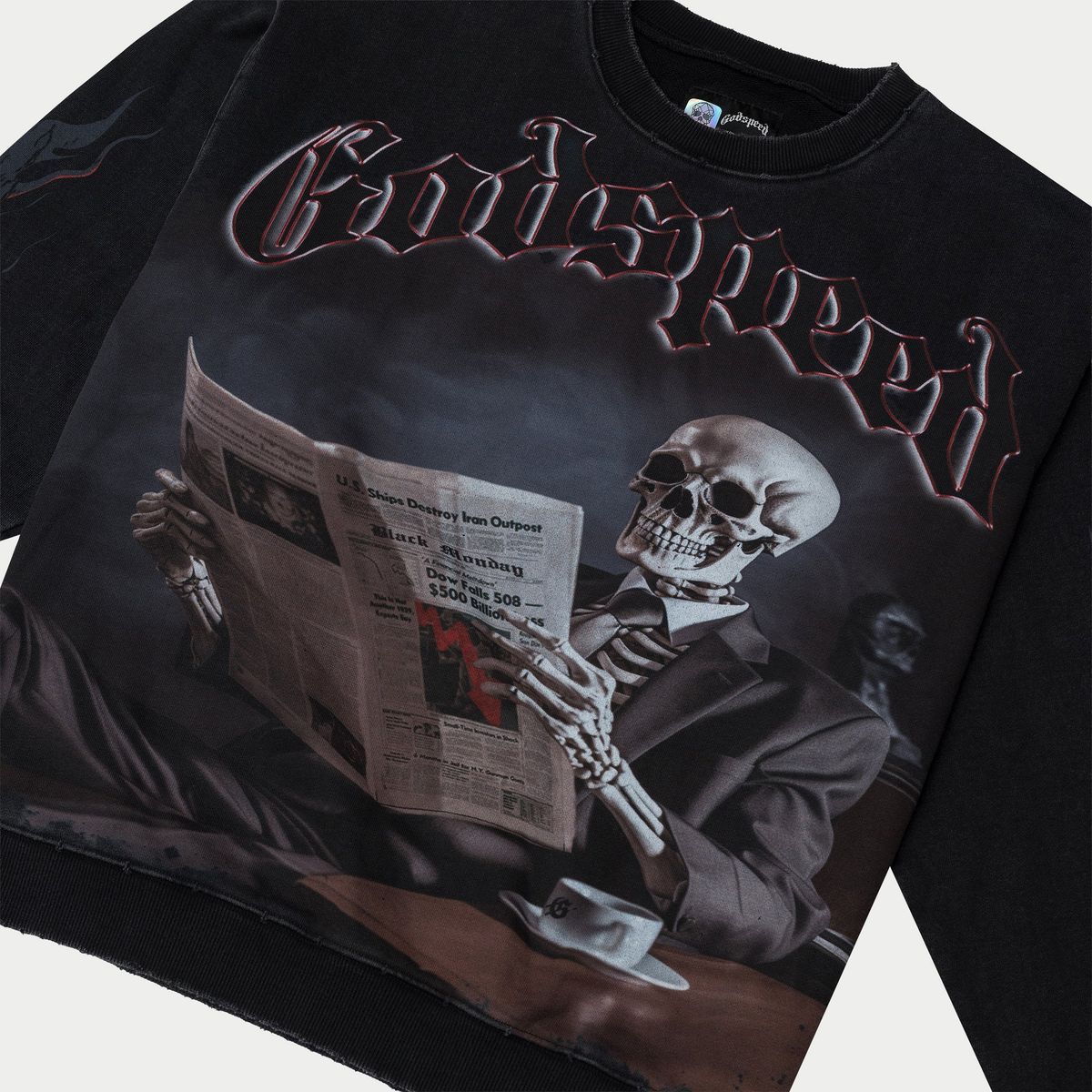 Godspeed Black Monday Sweatshirt in Bone featuring “Goldie The Outlaw” digital artwork and limited edition tag