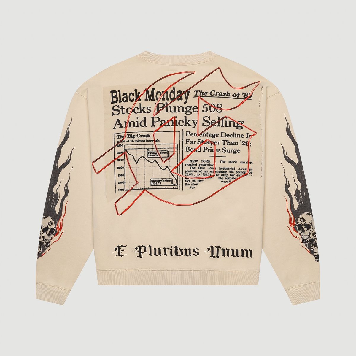 Beige sweatshirt with graphic design and text on a light gray background