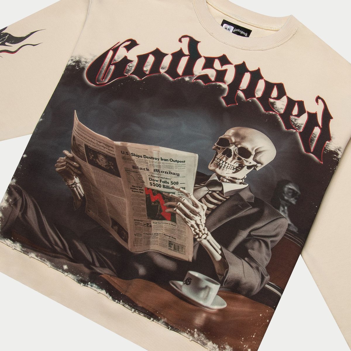 Sweatshirt with a graphic design of a skeleton reading a newspaper, titled 'Godspeed'.