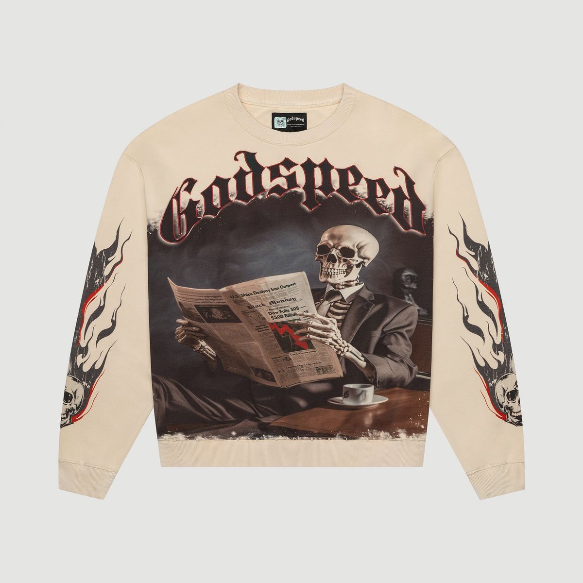 Beige sweatshirt with a graphic of a skeleton reading a newspaper and the text 'Godspeed' on a white background.