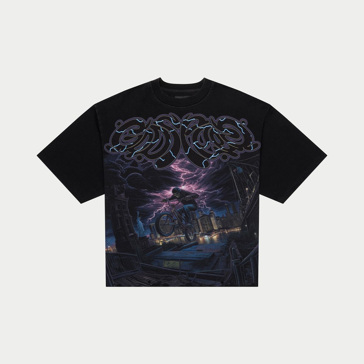  Limited-edition GODSPEED T-shirt with digital artwork, black washed cotton, oversized fit, numbered tag.