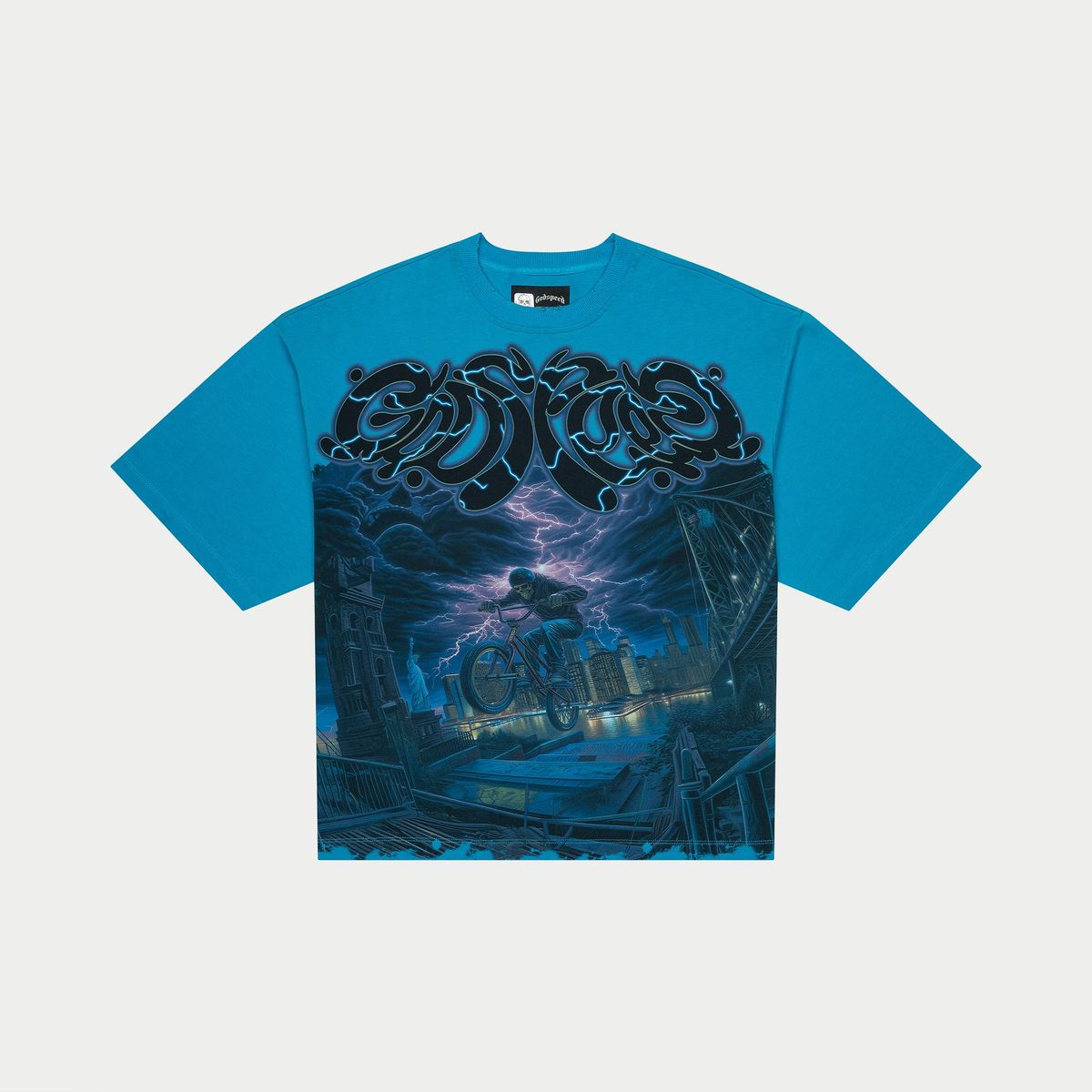  Limited-edition GODSPEED T-shirt with digital artwork, black washed cotton, oversized fit, numbered tag.