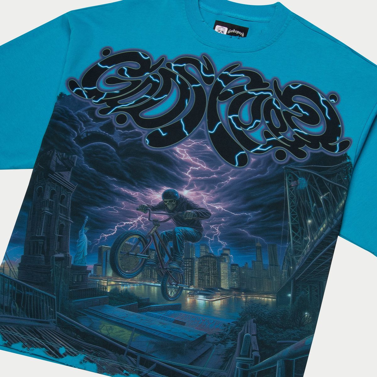  Limited-edition GODSPEED T-shirt with digital artwork, black washed cotton, oversized fit, numbered tag.