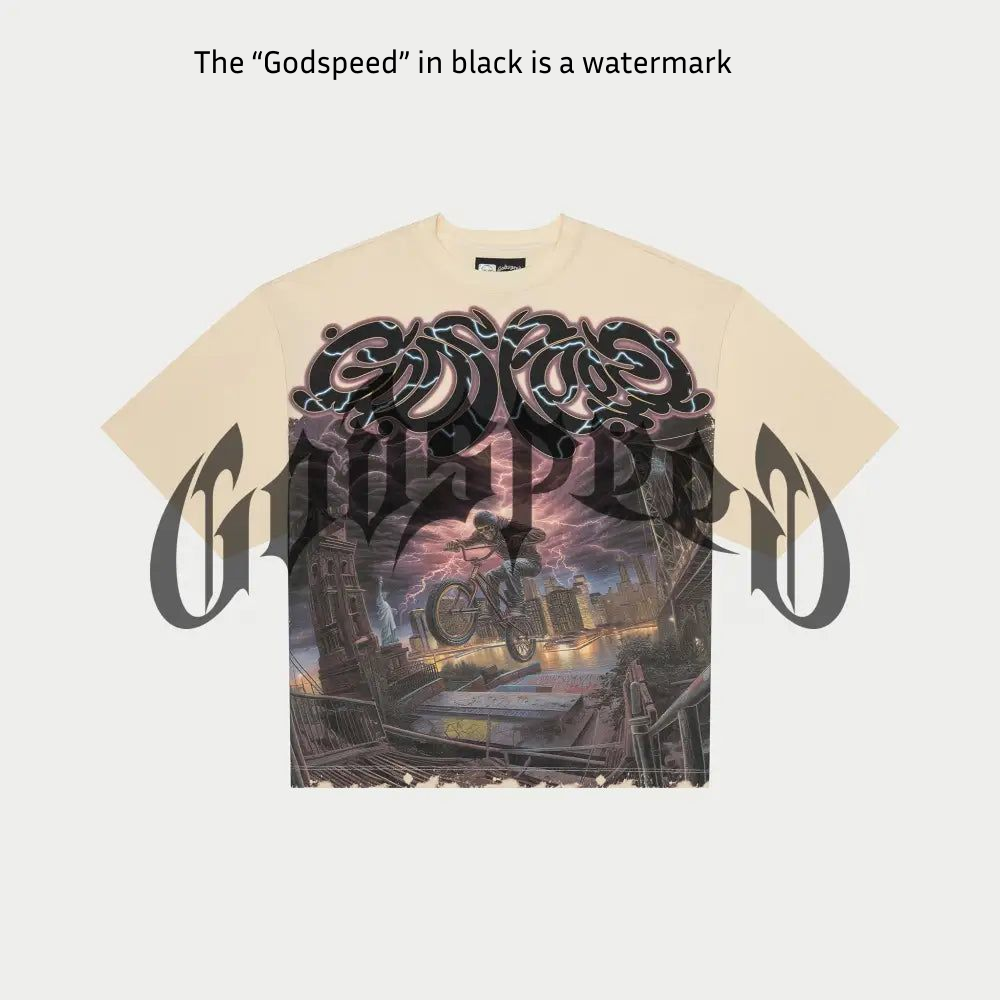 This Godspeed BMX T-Shirt T-Shirt in Bone is crafted from 10oz mid-weight washed fabric and features a striking digital art piece across the front. Designed with an oversized fit, it offers a relaxed silhouette—size down for a more standard look.

Limited to just 555 individually numbered pieces, this collector’s item includes a numbered tag to confirm authenticity. Once sold out, it will never be restocked.