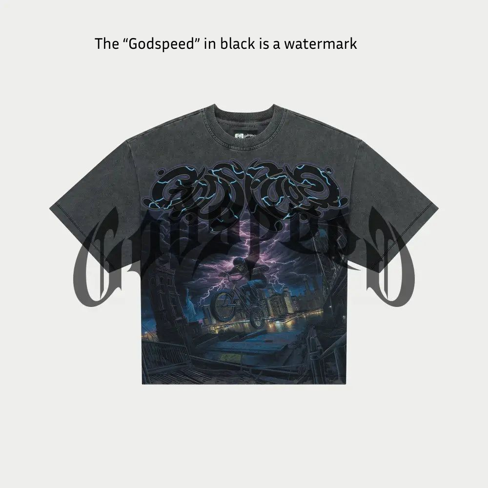 This Godspeed BMX T-Shirt T-Shirt in Grey Wash is crafted from 10oz mid-weight washed fabric and features a striking digital art piece across the front. Designed with an oversized fit, it offers a relaxed silhouette—size down for a more standard look.

Limited to just 555 individually numbered pieces, this collector’s item includes a numbered tag to confirm authenticity. Once sold out, it will never be restocked.
