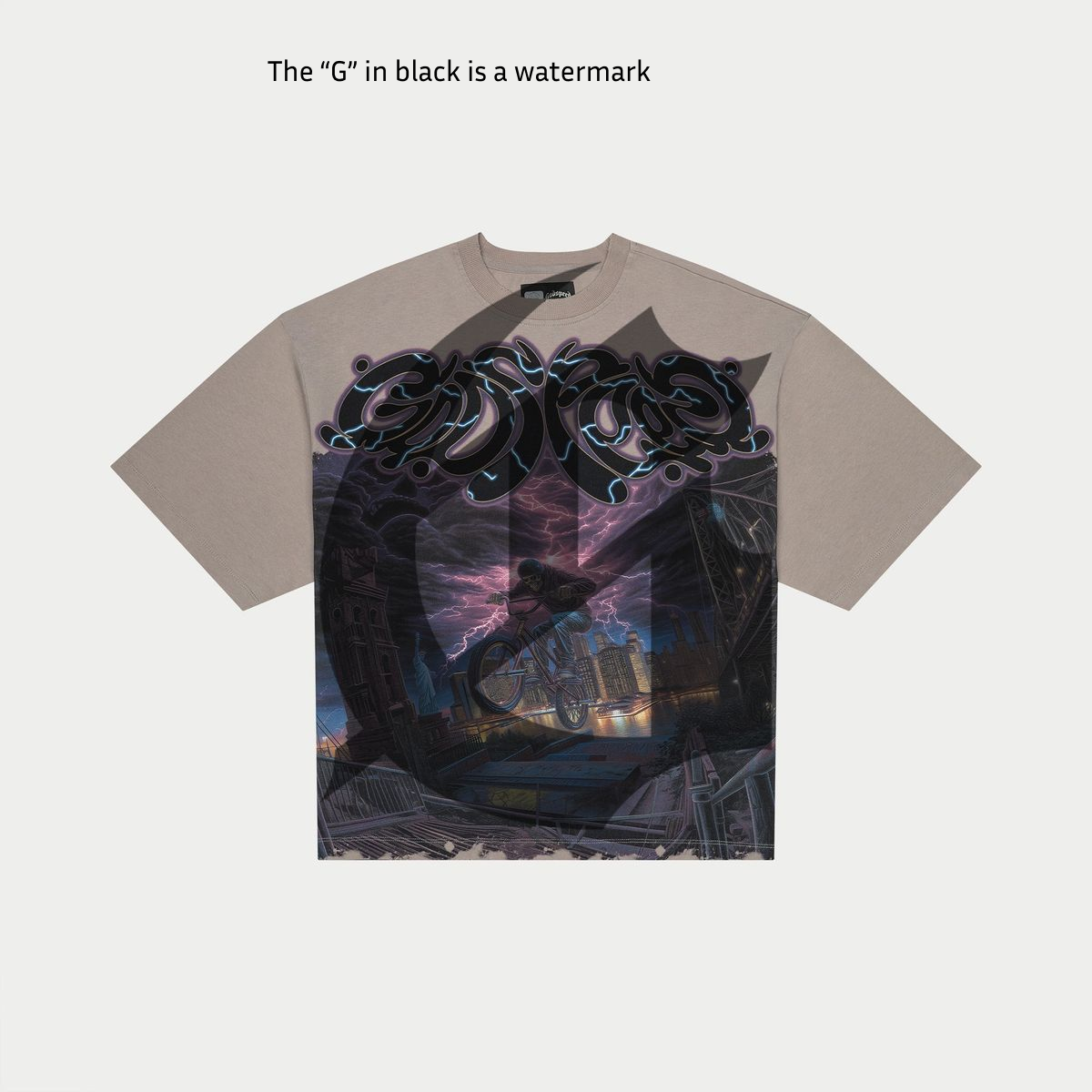 Beige t-shirt with a black graphic design on a light gray background