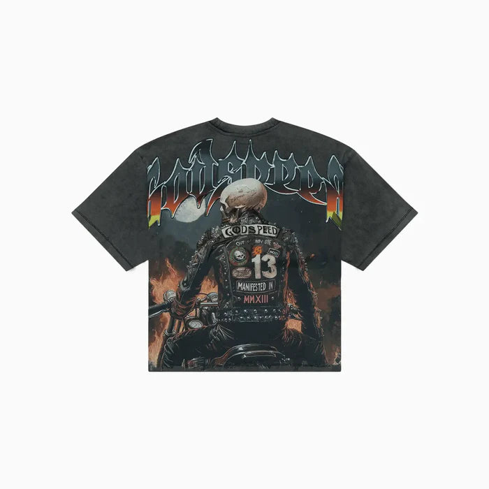 grey wash men’s biker nation t-shirt with bold motorcycle graphic laid flat on white background