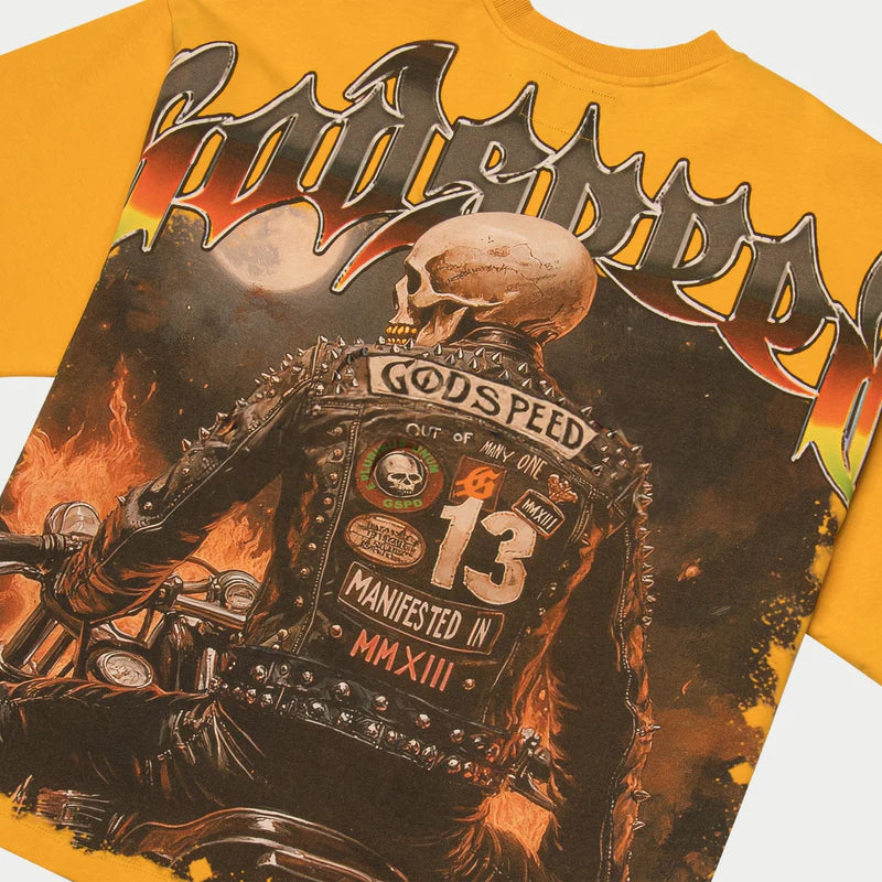 limited edition biker nation t-shirt with bold artwork and stone-embellished crown on mid-weight washed fabric laid flat