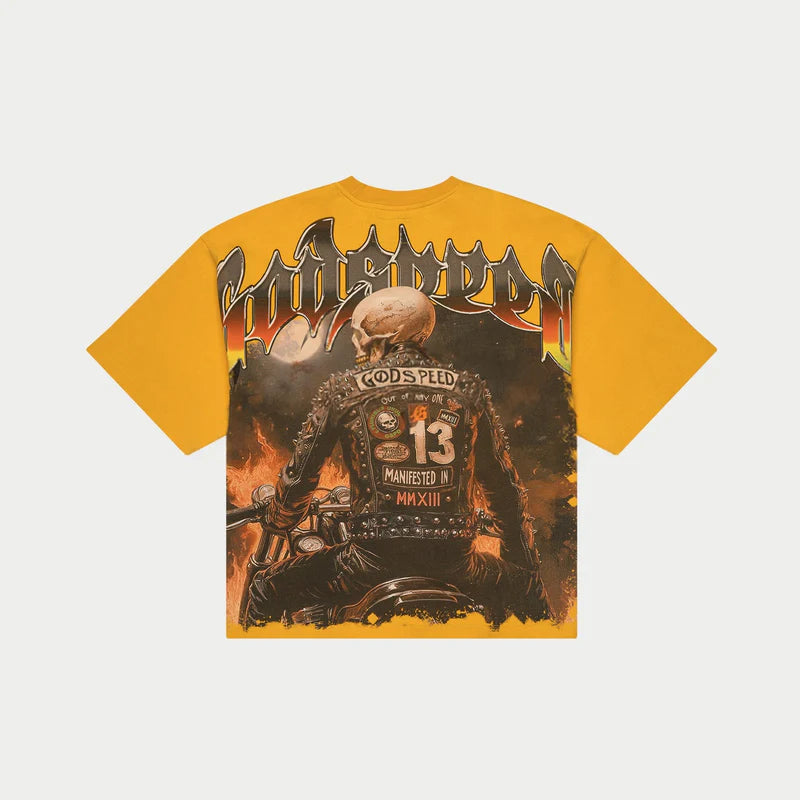 limited edition biker nation t-shirt with bold artwork and stone-embellished crown on mid-weight washed fabric laid flat