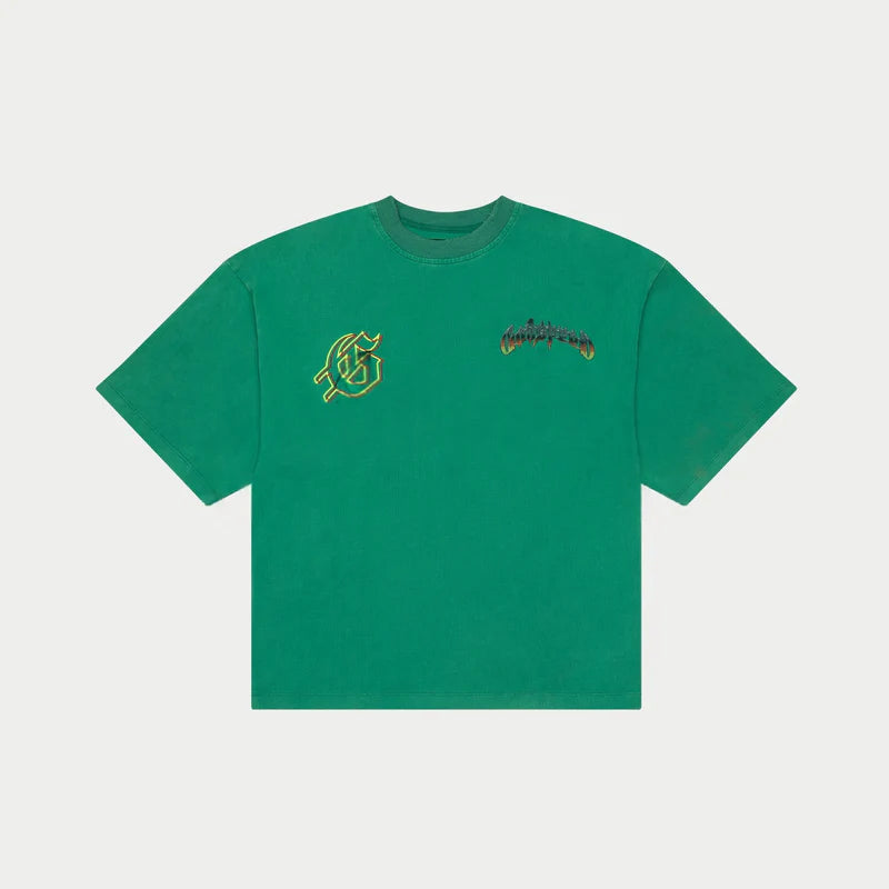 limited edition t-shirt with bold graphic art and stone-embellished crown on mid-weight washed fabric laid flat