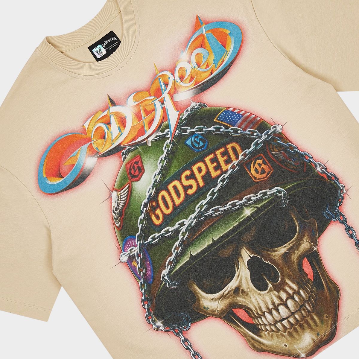 Godspeed Badges of Honor beige T-shirt with graphic artwork and stone detailing around the crown