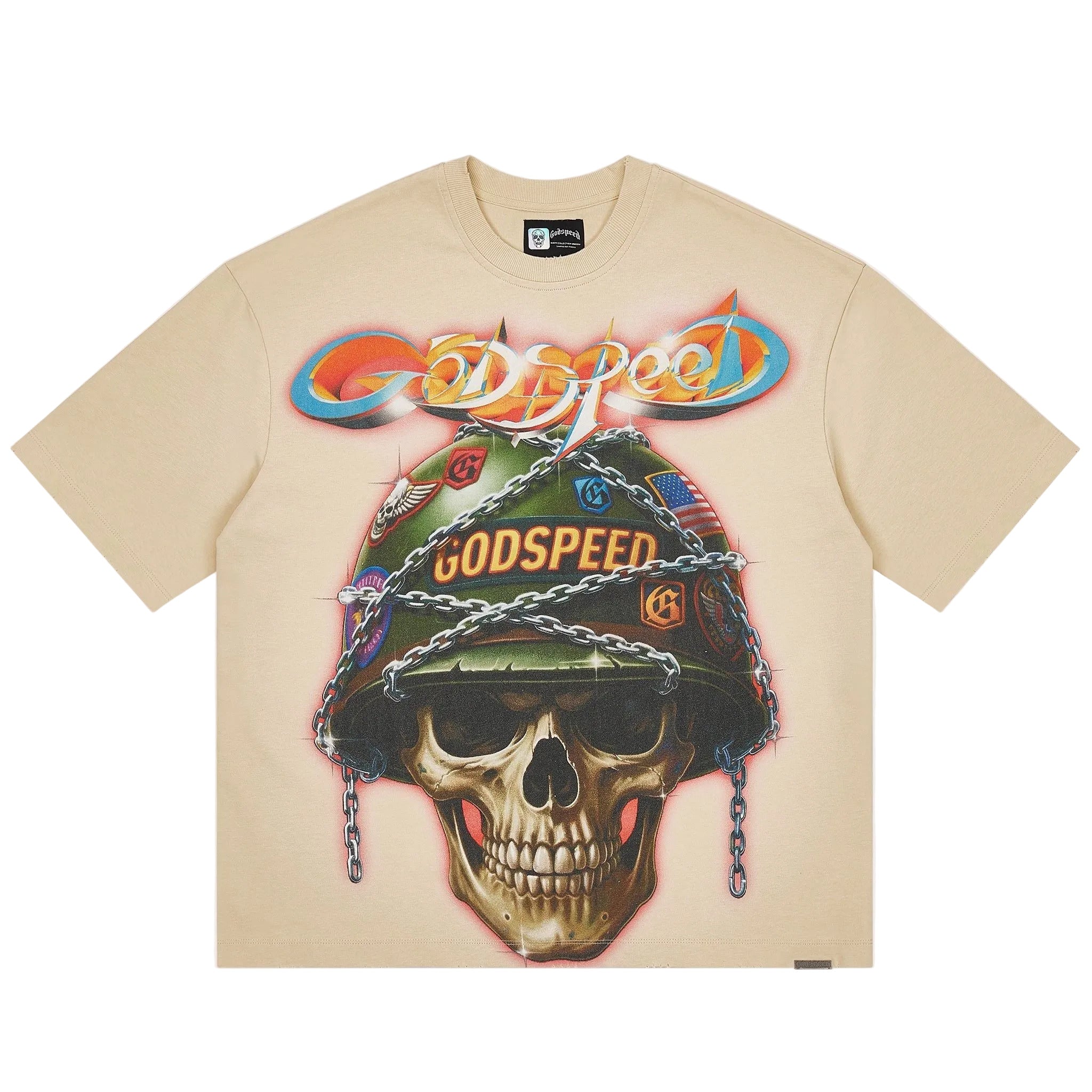 Godspeed Badges of Honor beige T-shirt with graphic artwork and stone detailing around the crown
