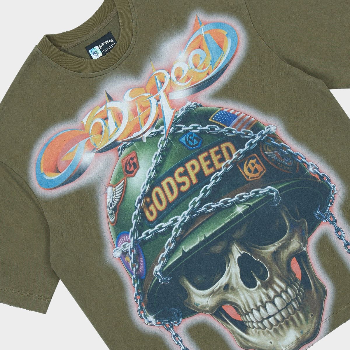 Godspeed Badges of Honor Military Green T-shirt with graphic artwork and stone detailing around the crown