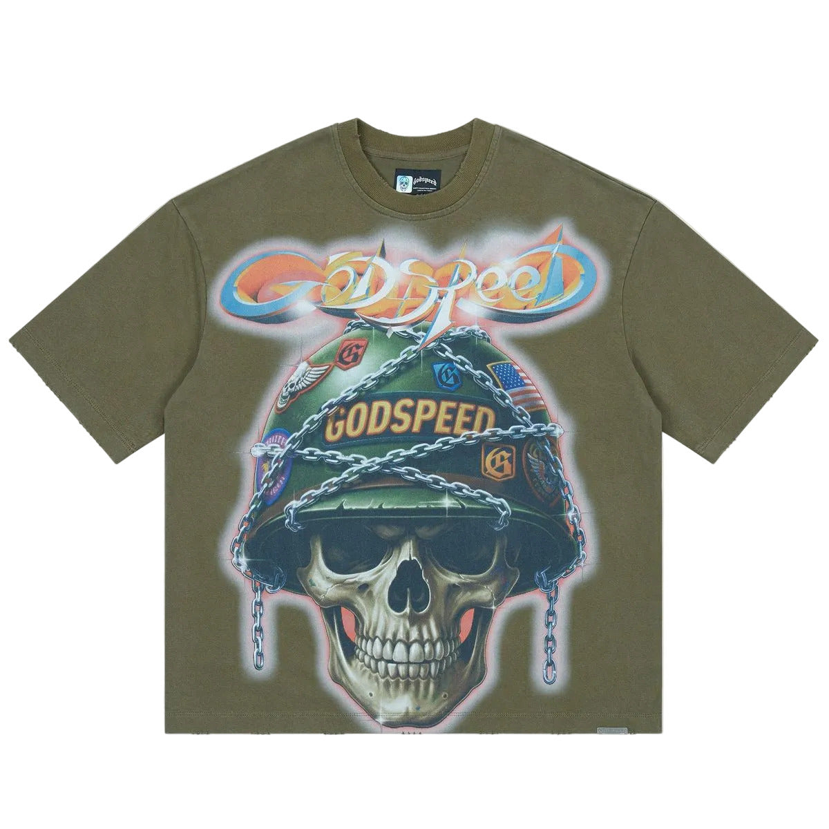 Godspeed Badges of Honor Military Green T-shirt with graphic artwork and stone detailing around the crown