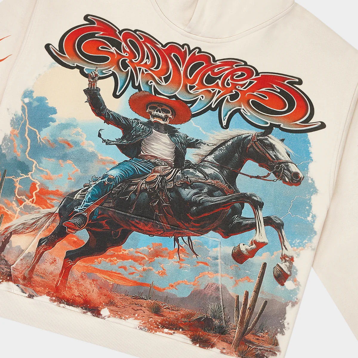 Bone-colored Godspeed Best Western hoodie with art sleeve design and GS logo on the back.