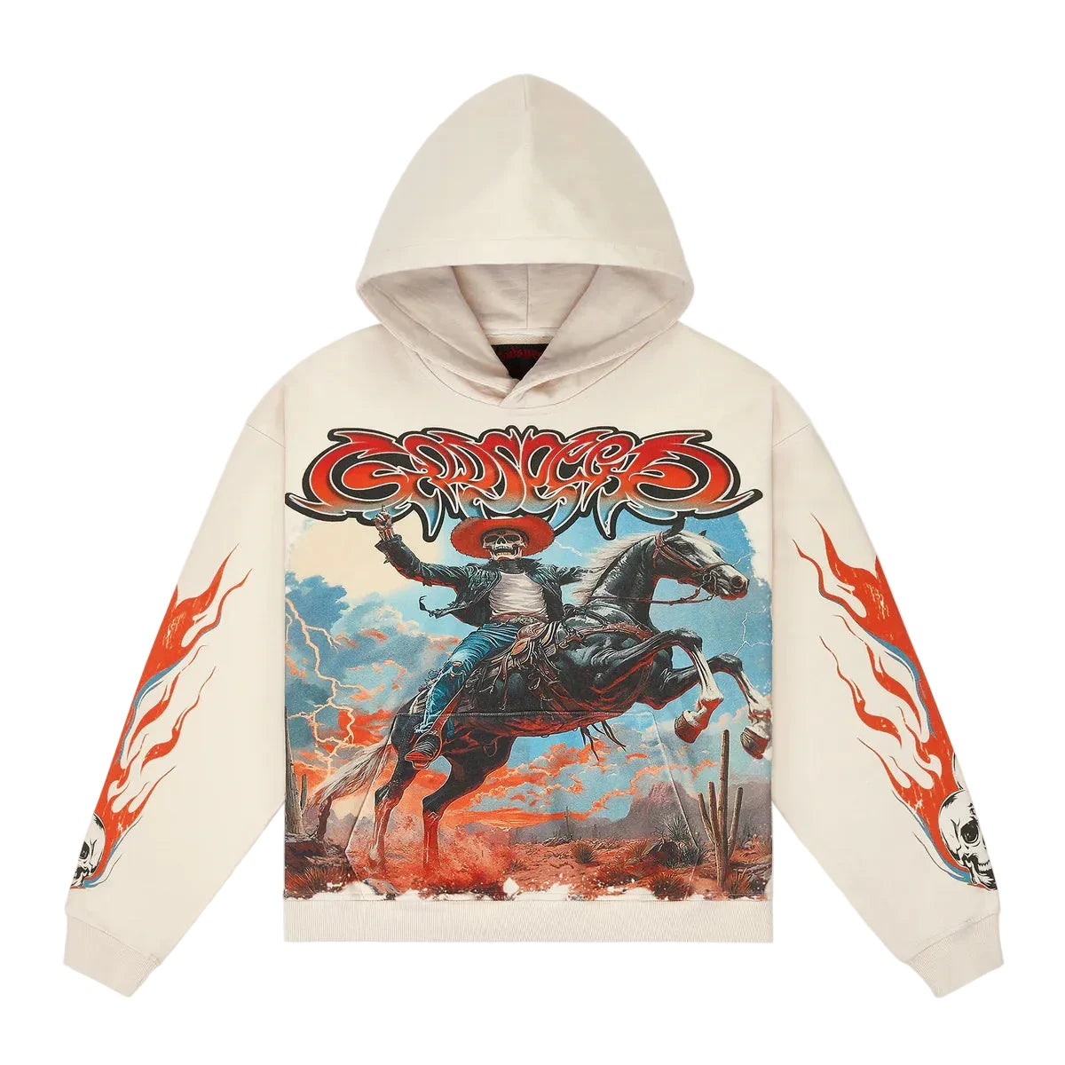 Bone-colored Godspeed Best Western hoodie with art sleeve design and GS logo on the back.