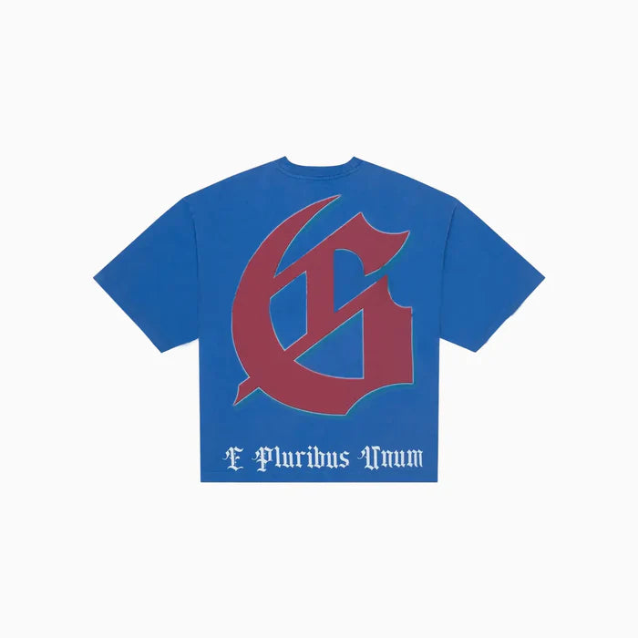 men’s godspeed checkmate t-shirt in blue wash with checkered pattern and vintage finish laid flat