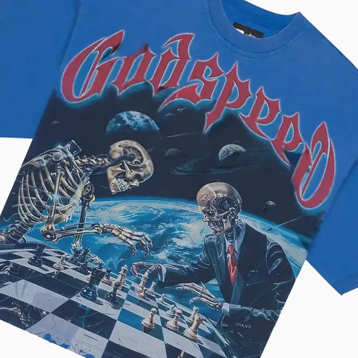 men’s godspeed checkmate t-shirt in blue wash with checkered pattern and vintage finish laid flat