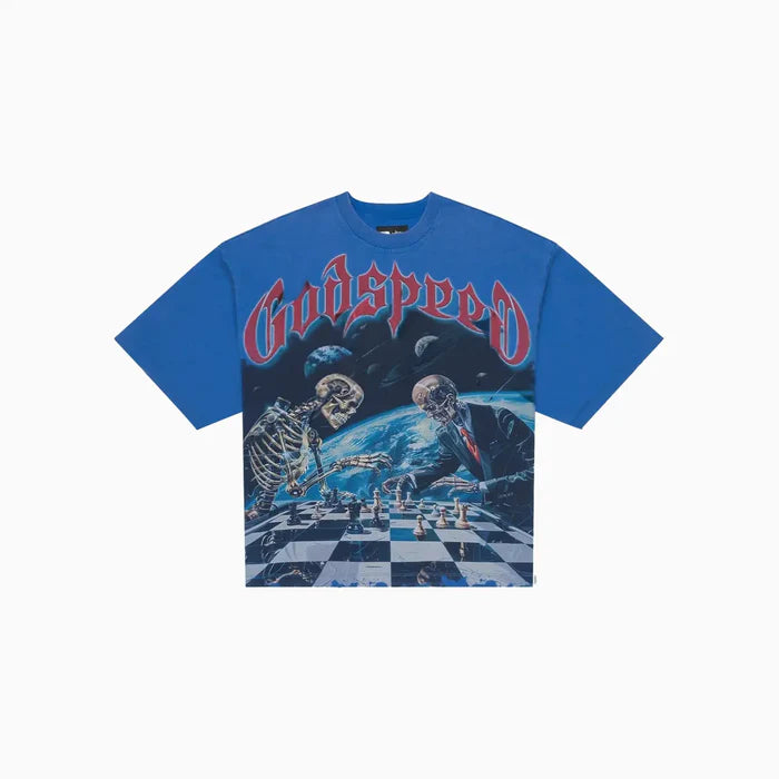 men’s godspeed checkmate t-shirt in blue wash with checkered pattern and vintage finish laid flat