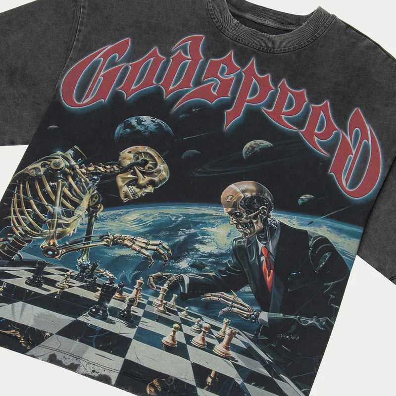 limited edition t-shirt with bold graphic and stone-embellished crown on washed mid-weight fabric displayed flat