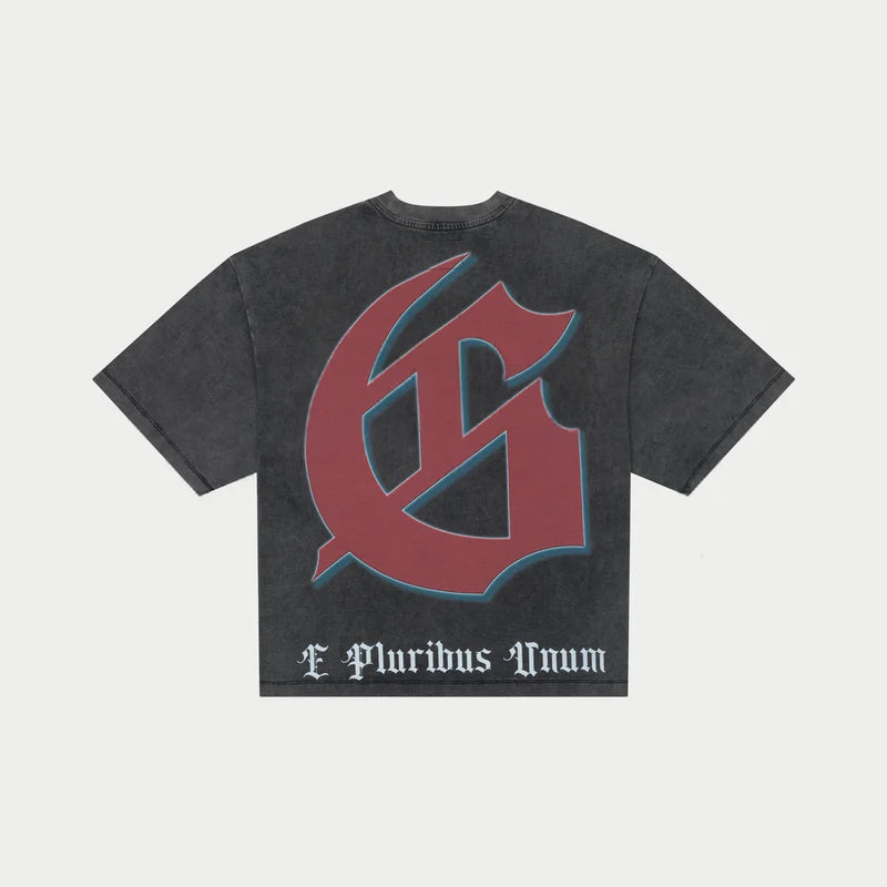 limited edition t-shirt with bold graphic and stone-embellished crown on washed mid-weight fabric displayed flat