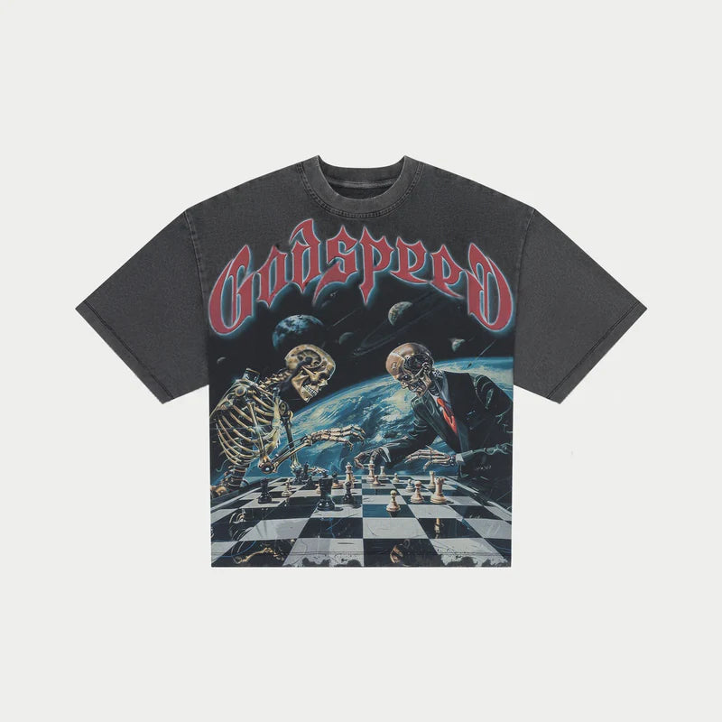 limited edition t-shirt with bold graphic and stone-embellished crown on washed mid-weight fabric displayed flat