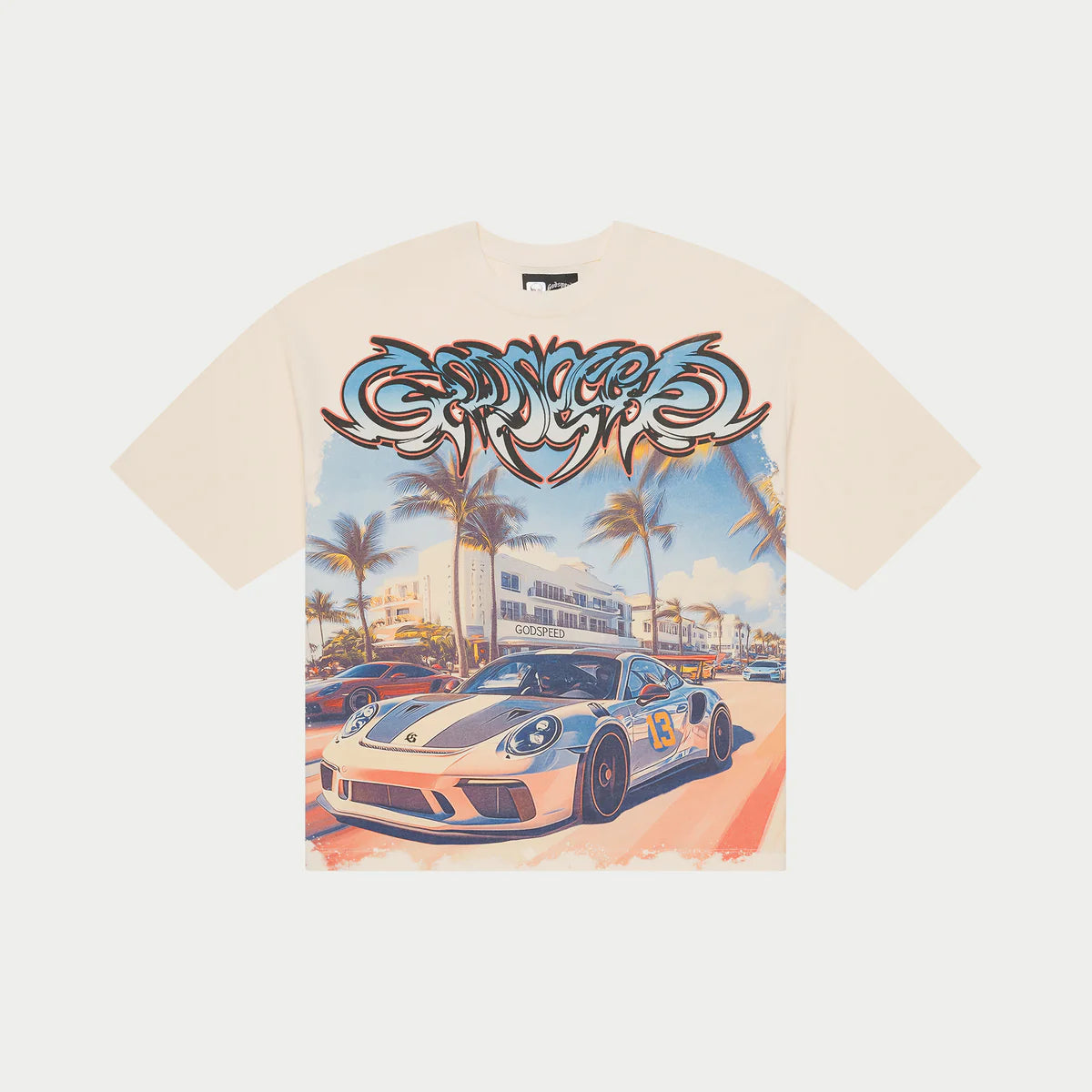 Car Meet Miami T-Shirt in 10oz mid-weight washed fabric with digital art print and numbered authenticity tag, oversized fit.