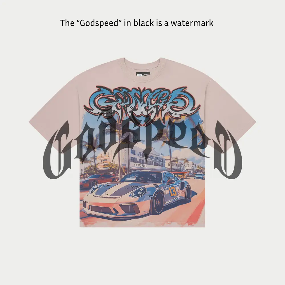 Car Meet Miami Edition T-Shirt with bold digital art graphic, oversized fit, and numbered authenticity tag on heavyweight washed cotton fabric.