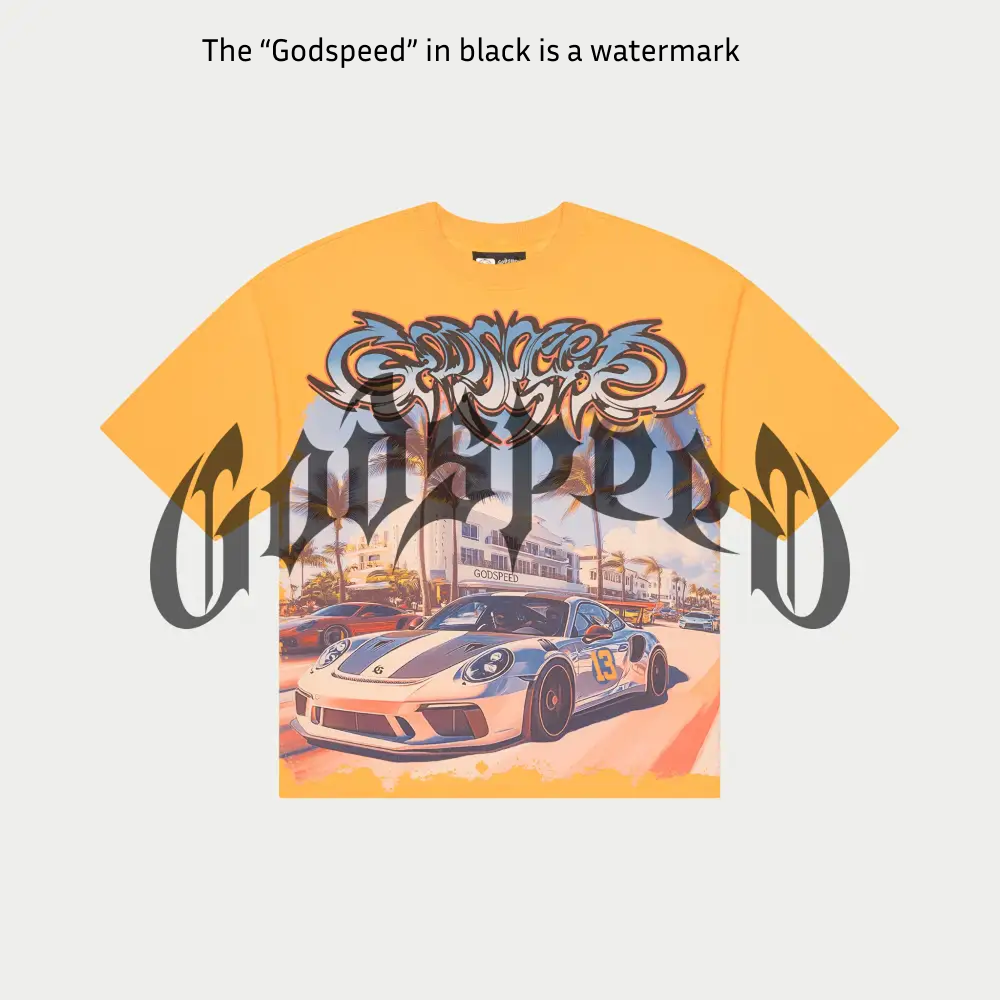 Car Meet Miami Edition T-Shirt with bold digital art design, oversized fit, and numbered authenticity tag on washed cotton fabric.