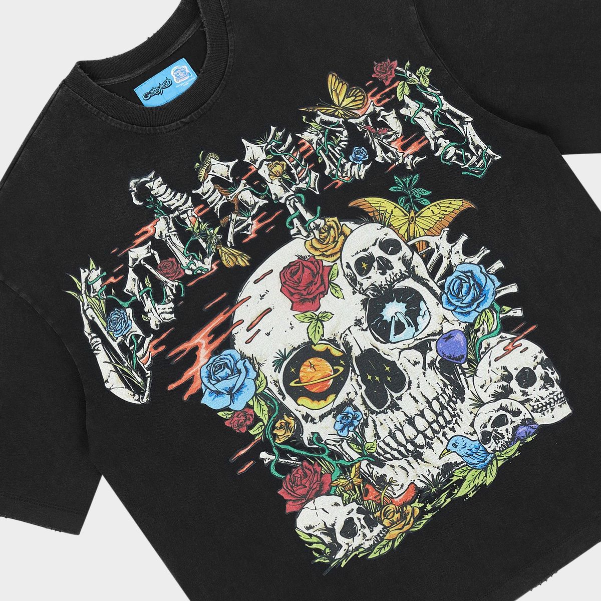 Godspeed Cosmic Remains NextGen Black graphic T-shirt made from 10oz mid-weight washed fabric featuring bold Cosmic Remains artwork.