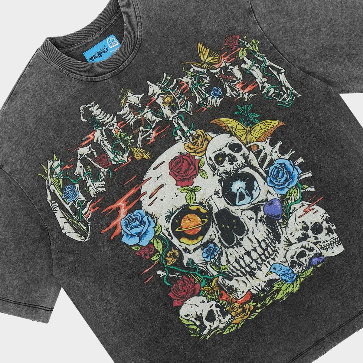 Godspeed Cosmic Remains NextGen Grey Wash graphic T-shirt made from 10oz mid-weight washed fabric featuring bold Cosmic Remains artwork.