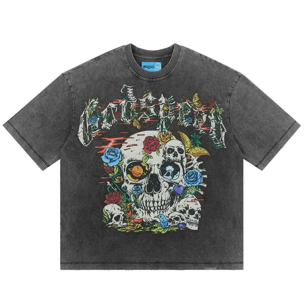 Godspeed Cosmic Remains NextGen Grey Wash graphic T-shirt made from 10oz mid-weight washed fabric featuring bold Cosmic Remains artwork.