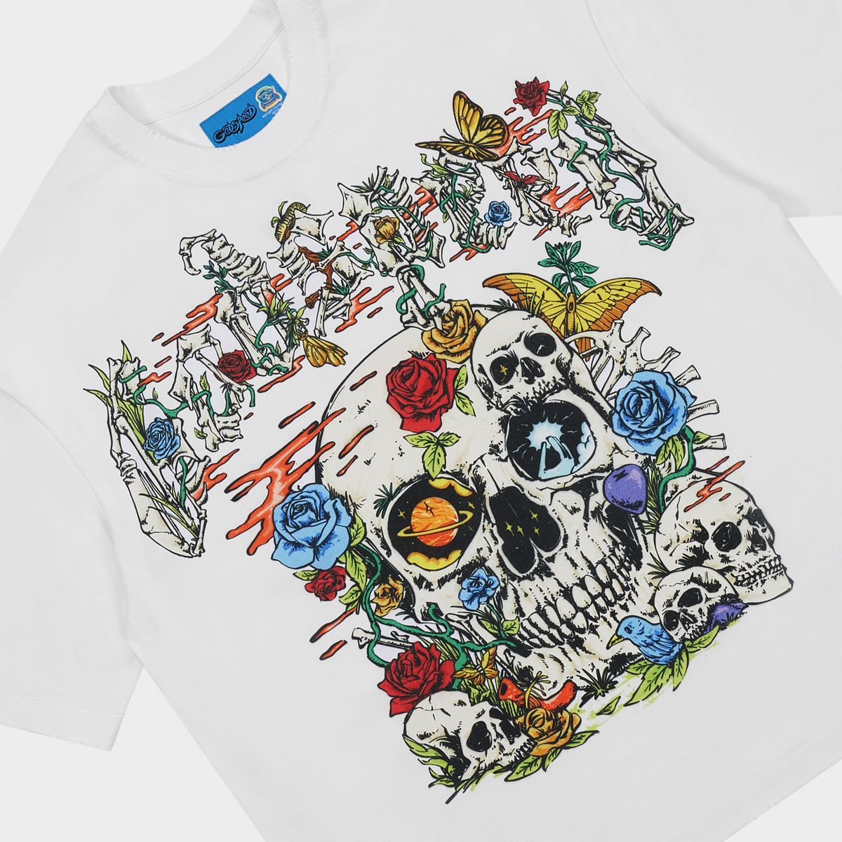 Godspeed Cosmic Remains NextGen White graphic T-shirt made from 10oz mid-weight washed fabric featuring bold Cosmic Remains artwork.