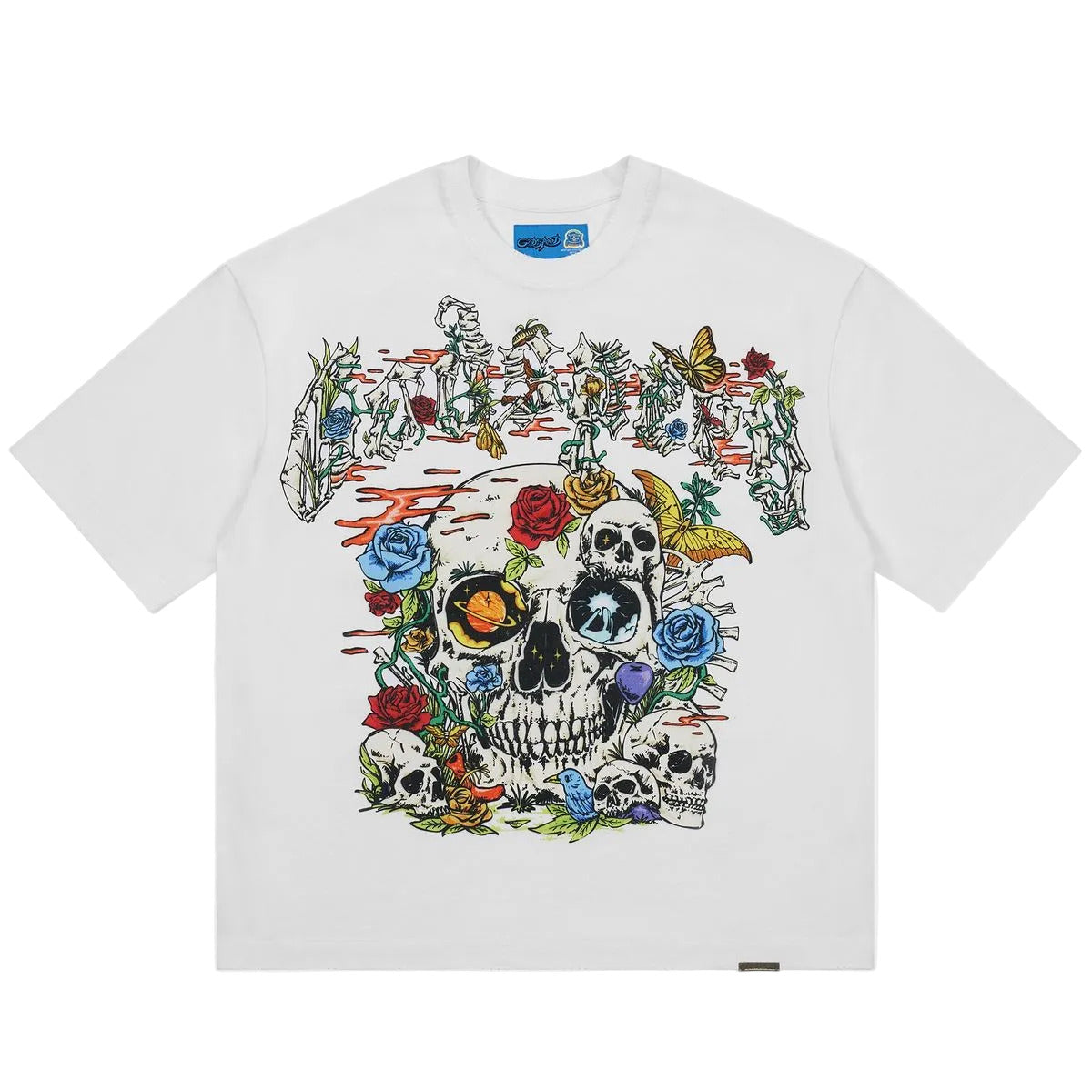 Godspeed Cosmic Remains NextGen White graphic T-shirt made from 10oz mid-weight washed fabric featuring bold Cosmic Remains artwork.