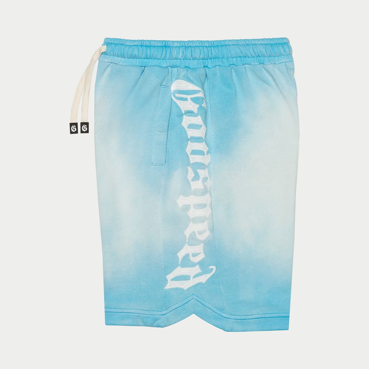 Blue gradient shorts with white text on a light gray background