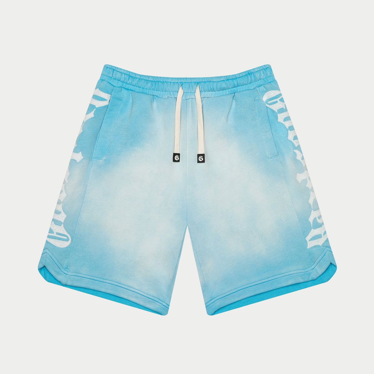 Blue shorts with a gradient effect and white text on a light gray background