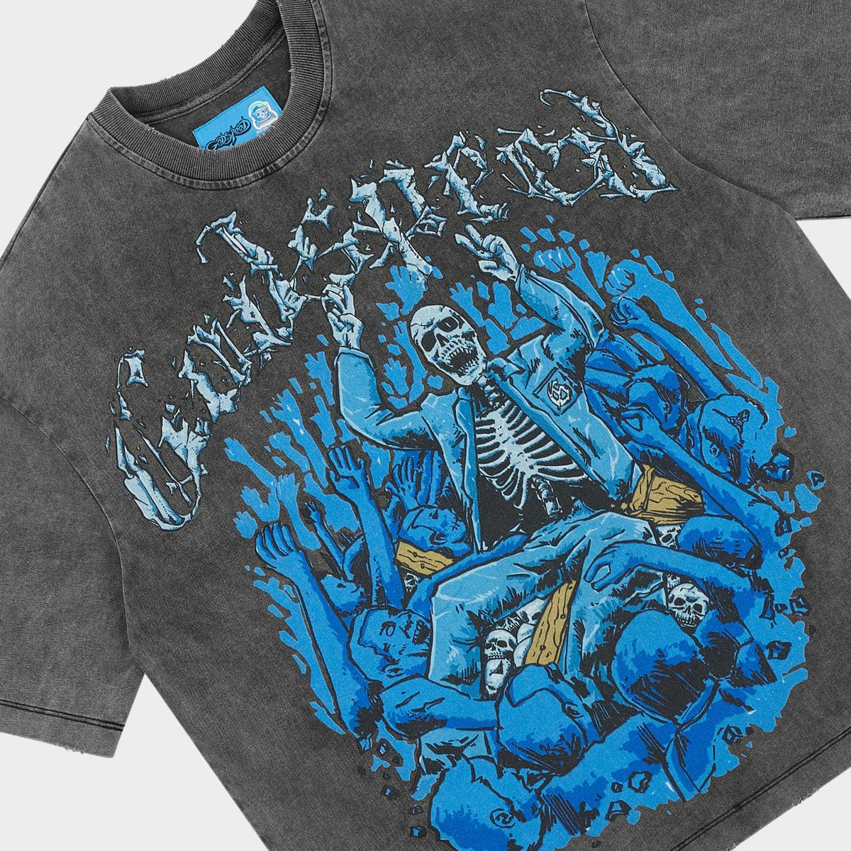 Godspeed Crowd Surf NextGen Grey Wash graphic T-shirt made from 10oz mid-weight washed fabric featuring bold Crowd Surf artwork.