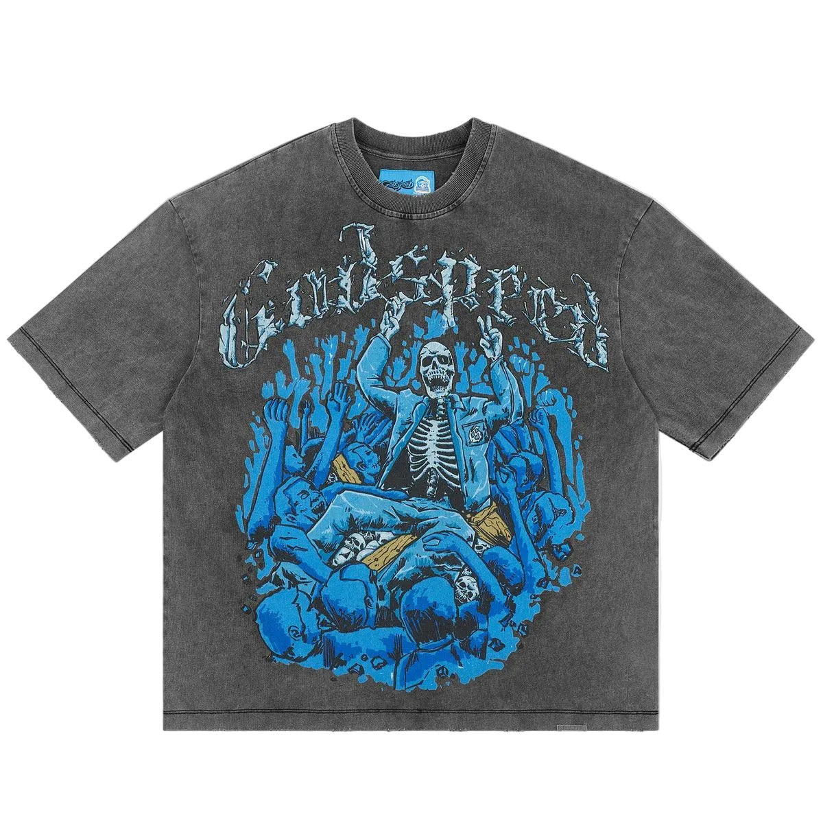 Godspeed Crowd Surf NextGen Grey Wash graphic T-shirt made from 10oz mid-weight washed fabric featuring bold Crowd Surf artwork.