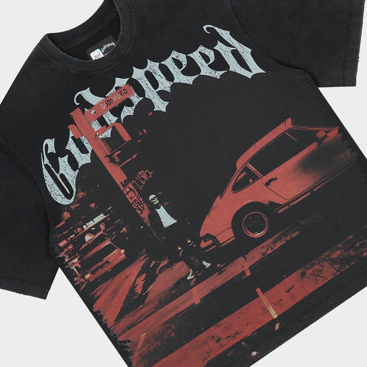 Godspeed City Slicker T-Shirt in black with limited edition art design and stone embellishments around the crown