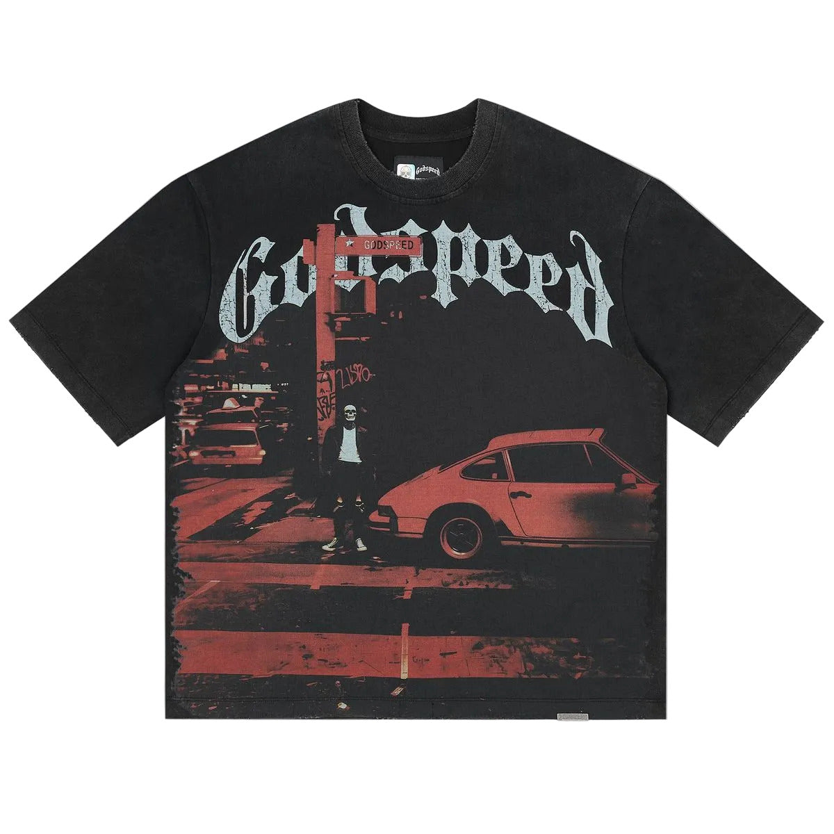 Godspeed City Slicker T-Shirt in black with limited edition art design and stone embellishments around the crown
