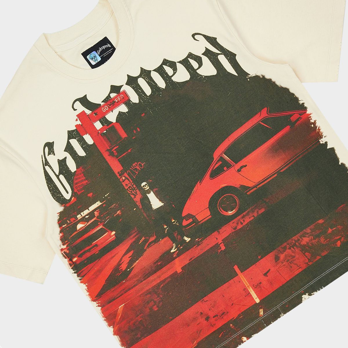 Godspeed City Slicker T-Shirt in bone with limited edition art design and stone embellishments around the crown