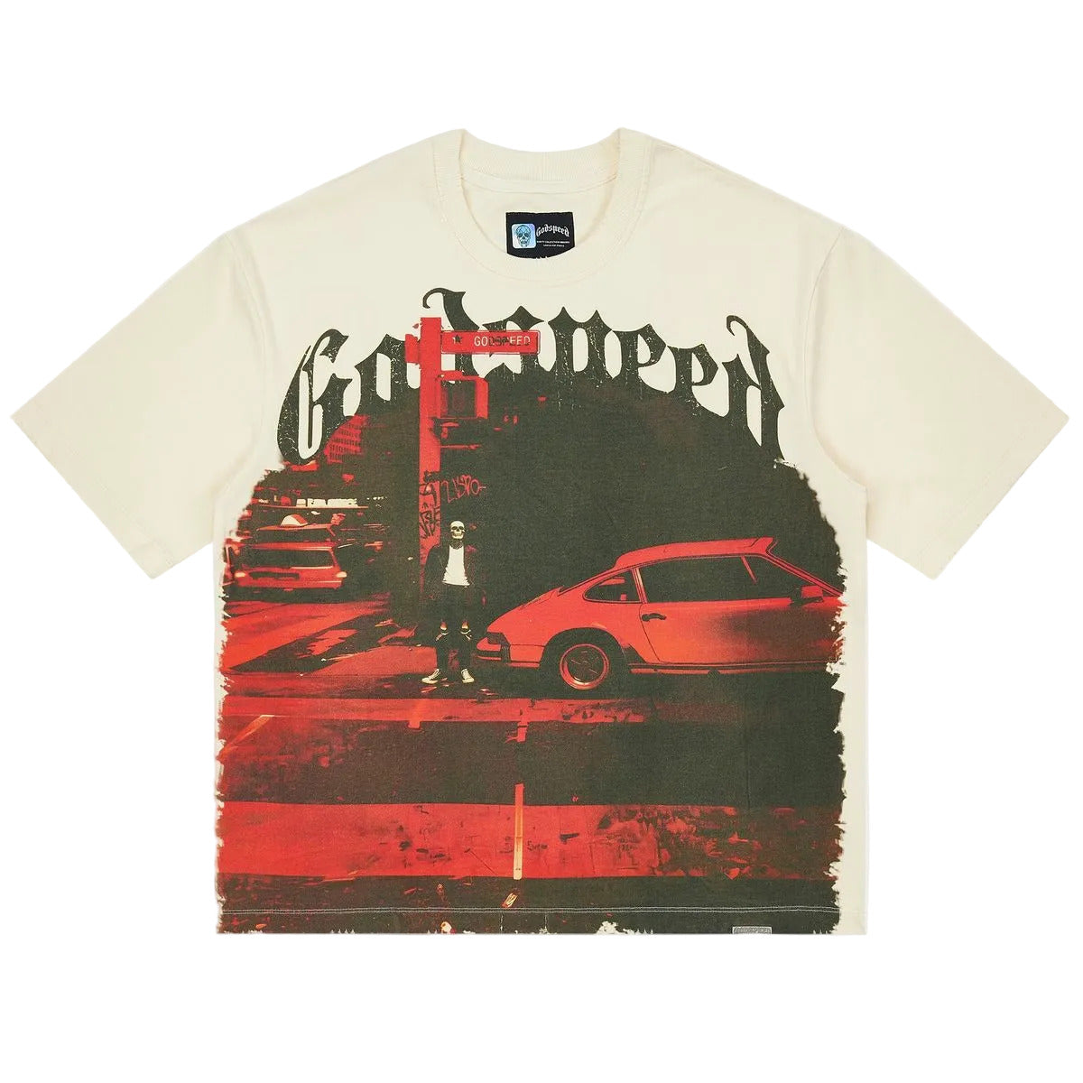 Godspeed City Slicker T-Shirt in bone with limited edition art design and stone embellishments around the crown
