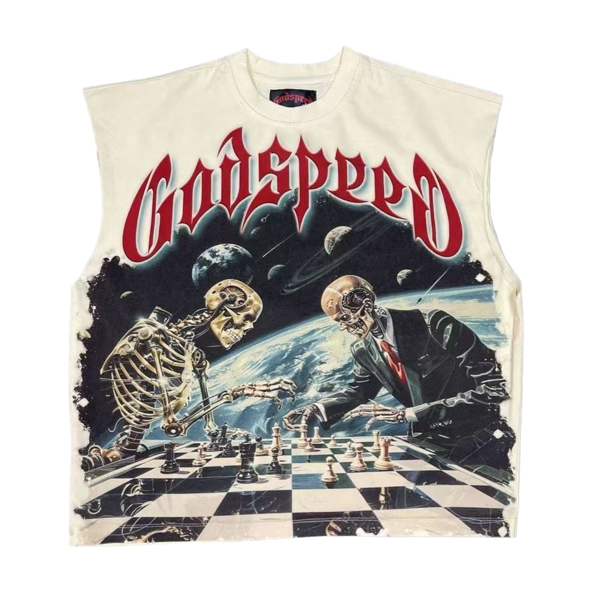 Godspeed Checkmate Sleeveless Bone Tee with bold crown art and stone detailing, limited to 444 numbered examples.