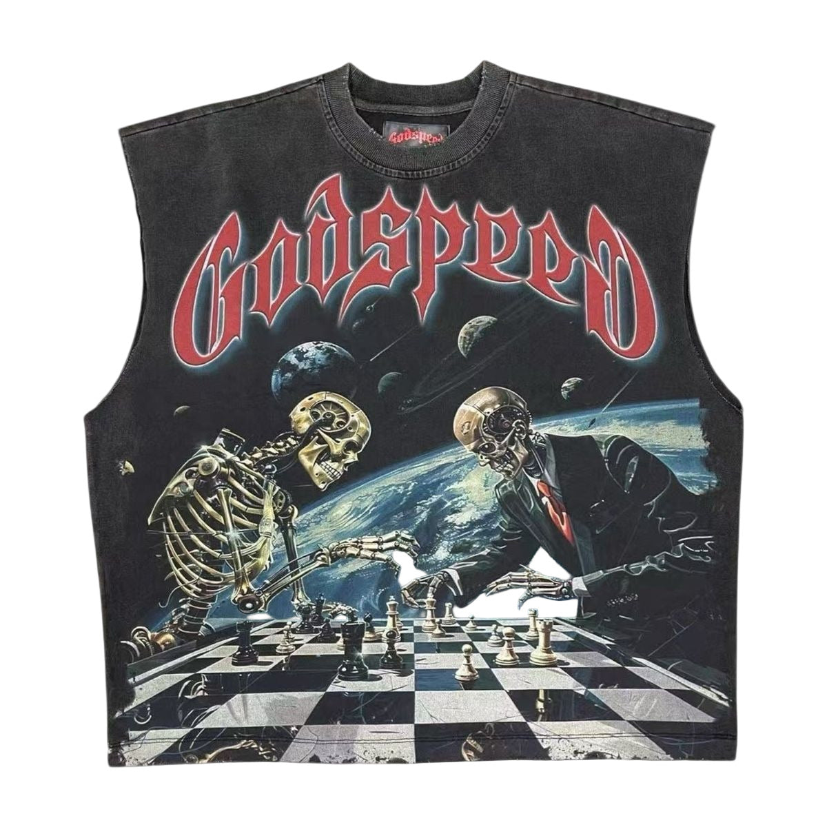 Godspeed Checkmate Sleeveless Black Wash Tee with bold crown art and stone detailing, limited to 444 numbered examples.