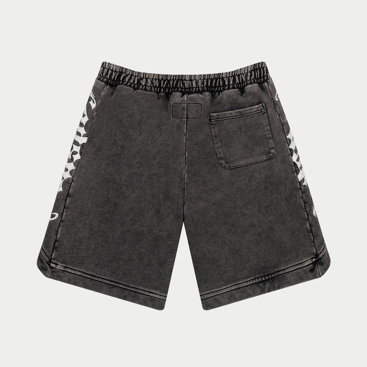 Black denim shorts with white patterns on a light gray background