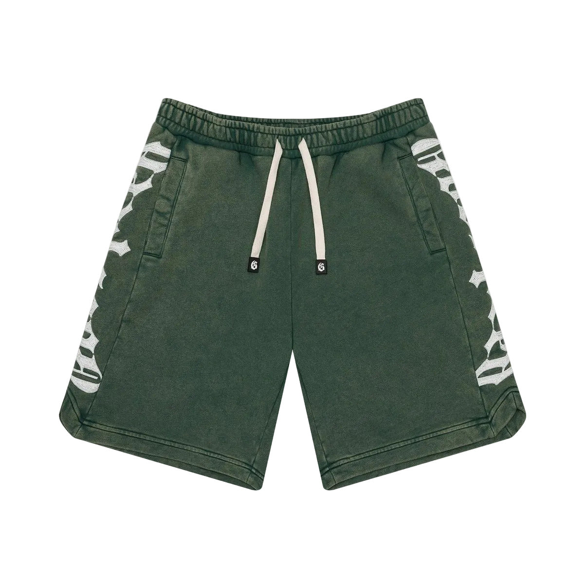 Godspeed Courtside shorts in green wash with heavyweight French terry fabric, hidden snap button pocket, and streetwear fit