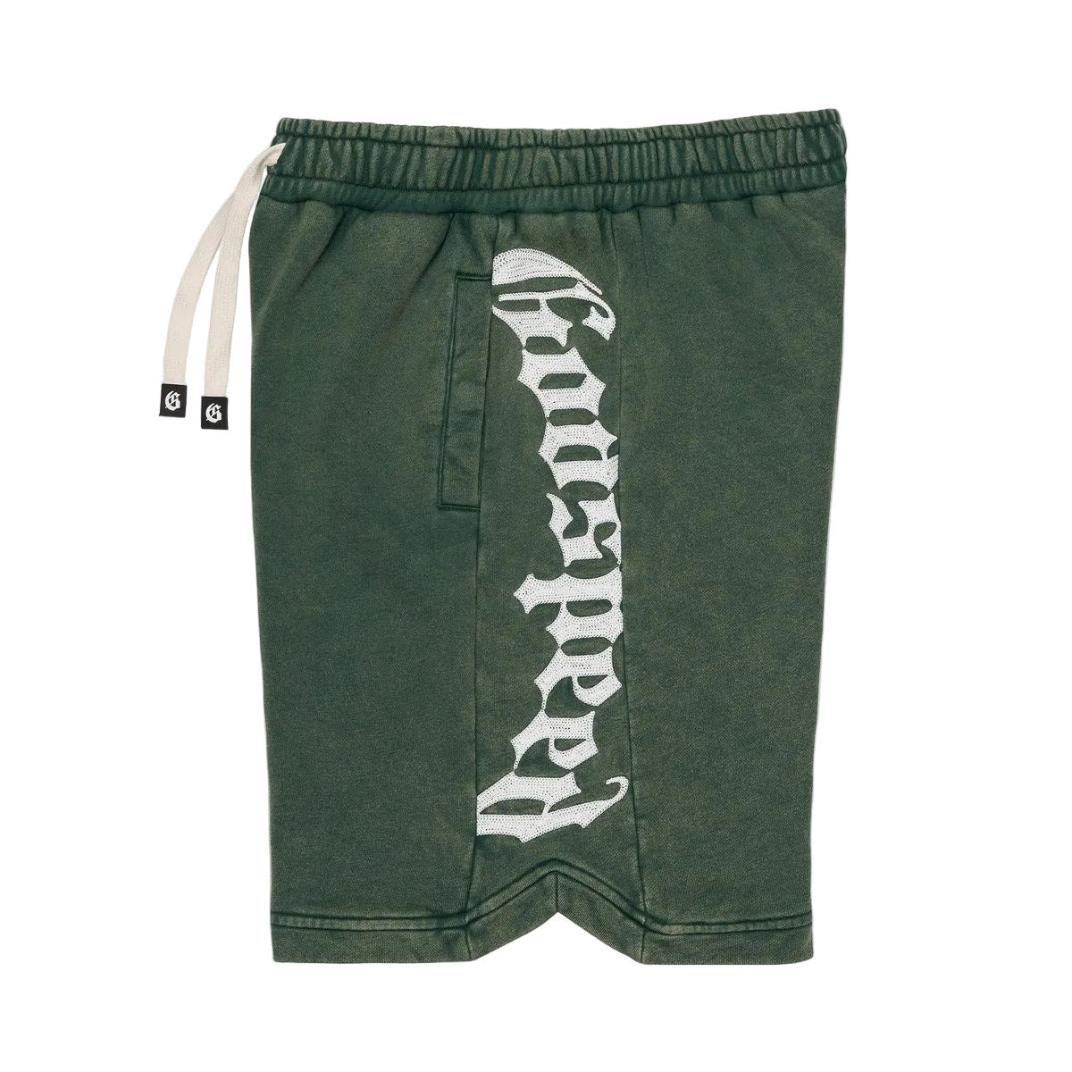 Godspeed Courtside shorts in green wash with heavyweight French terry fabric, hidden snap button pocket, and streetwear fit