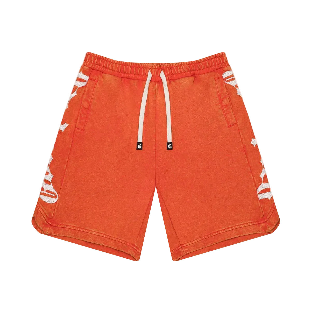 Courtside shorts in orange wash with heavyweight French terry fabric, hidden snap button pocket, and relaxed streetwear fit
