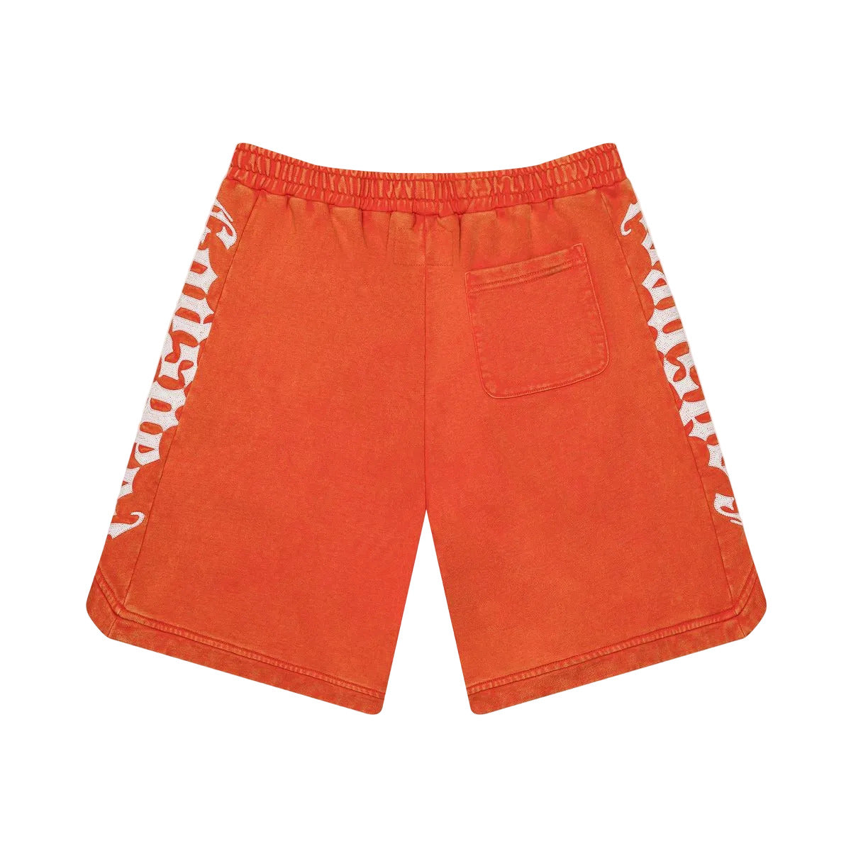 Courtside shorts in orange wash with heavyweight French terry fabric, hidden snap button pocket, and relaxed streetwear fit